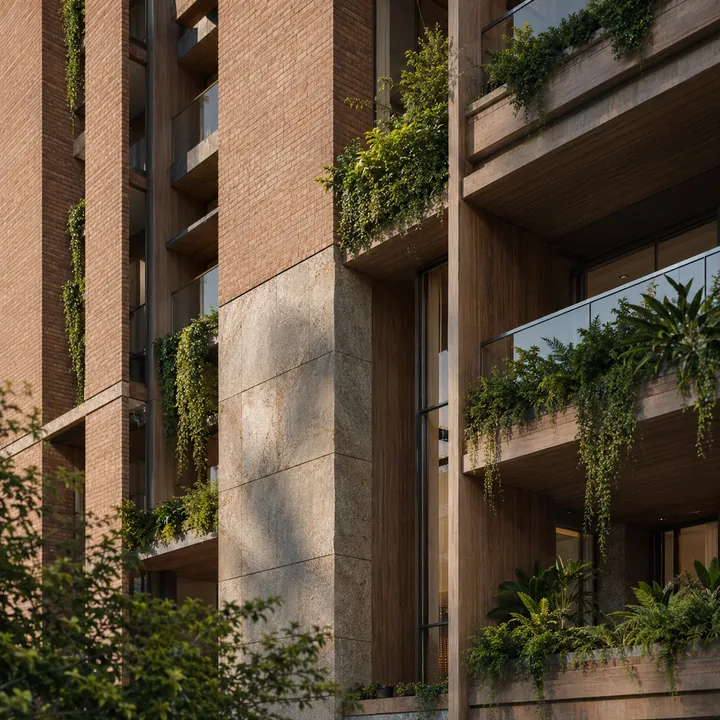 Total Environment Butterfly of Dreams facade detail in exposed brick, natural stone and timber with planting worked into the elevation Total Environment Butterfly of Dreams facade detail in exposed brick, natural stone and timber with planting worked into the elevation