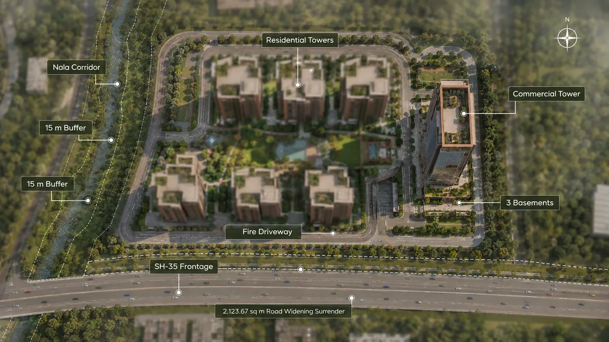 Total Environment Butterfly of Dreams master plan showing six residential towers, the commercial tower, three basement levels, the fire driveway, the tertiary nala corridor with 15 m buffers, the SH-35 frontage and the 2,123.67 sq m road-widening surrender Total Environment Butterfly of Dreams master plan showing six residential towers, the commercial tower, three basement levels, the fire driveway, the tertiary nala corridor with 15 m buffers, the SH-35 frontage and the 2,123.67 sq m road-widening surrender