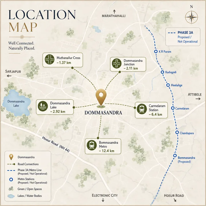 Total Environment Butterfly of Dreams location map showing Muthanallur Cross at 1.37 km, Dommasandra Junction at 2.11 km, Dommasandra Lake at 2.92 km, Carmelaram railway station at 6.4 km, Bommasandra metro at 12.4 km, Hosur Road NH 44 and the proposed Phase 3A metro line marked not operational Total Environment Butterfly of Dreams location map showing Muthanallur Cross at 1.37 km, Dommasandra Junction at 2.11 km, Dommasandra Lake at 2.92 km, Carmelaram railway station at 6.4 km, Bommasandra metro at 12.4 km, Hosur Road NH 44 and the proposed Phase 3A metro line marked not operational